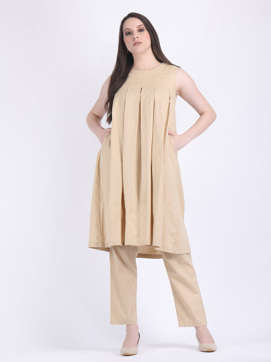 COTTON FLEX COMFORT WEAR BOX PLEATED DRESS CUM KURTA SET WITH STRAIGHT PANTS IN LIGHT FAWN