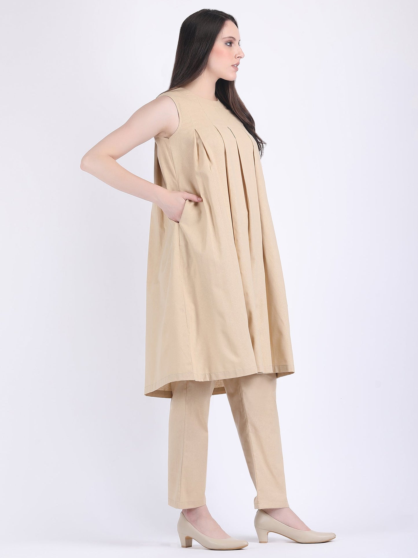 COTTON FLEX COMFORT WEAR BOX PLEATED DRESS CUM KURTA SET WITH STRAIGHT PANTS IN LIGHT FAWN