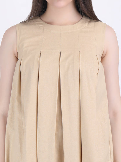 COTTON FLEX COMFORT WEAR BOX PLEATED DRESS CUM KURTA SET WITH STRAIGHT PANTS IN LIGHT FAWN