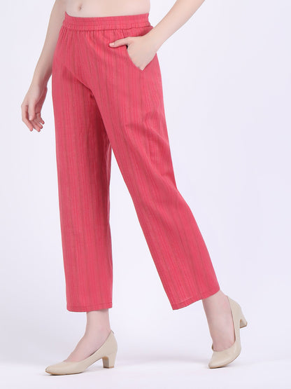 COTTON SELF STRIPED A LINE KURTA SET RASPBERRY WINE