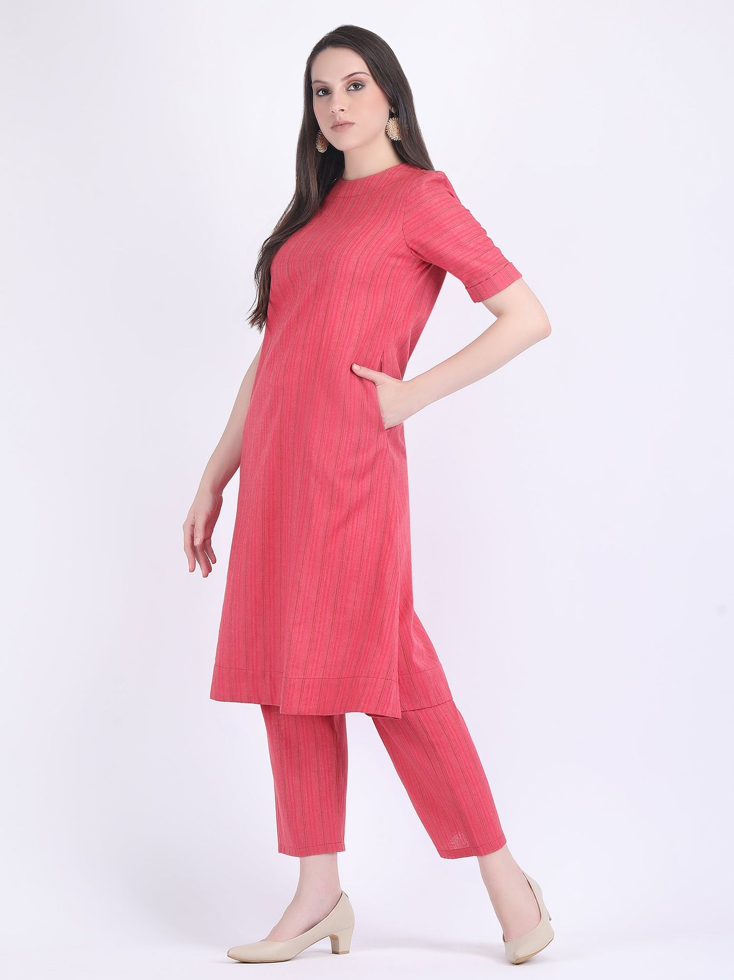COTTON SELF STRIPED A LINE KURTA SET RASPBERRY WINE