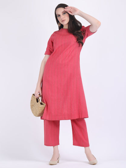 COTTON SELF STRIPED A LINE KURTA SET RASPBERRY WINE