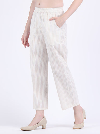 COTTON SELF STRIPED A LINE KURTA SET SEED PEARL