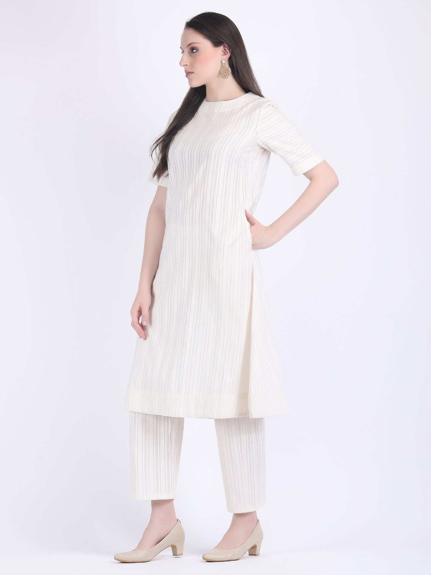 COTTON SELF STRIPED A LINE KURTA SET SEED PEARL