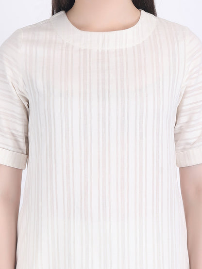 COTTON SELF STRIPED A LINE KURTA SET SEED PEARL