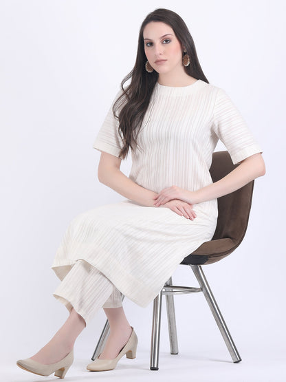COTTON SELF STRIPED A LINE KURTA SET SEED PEARL