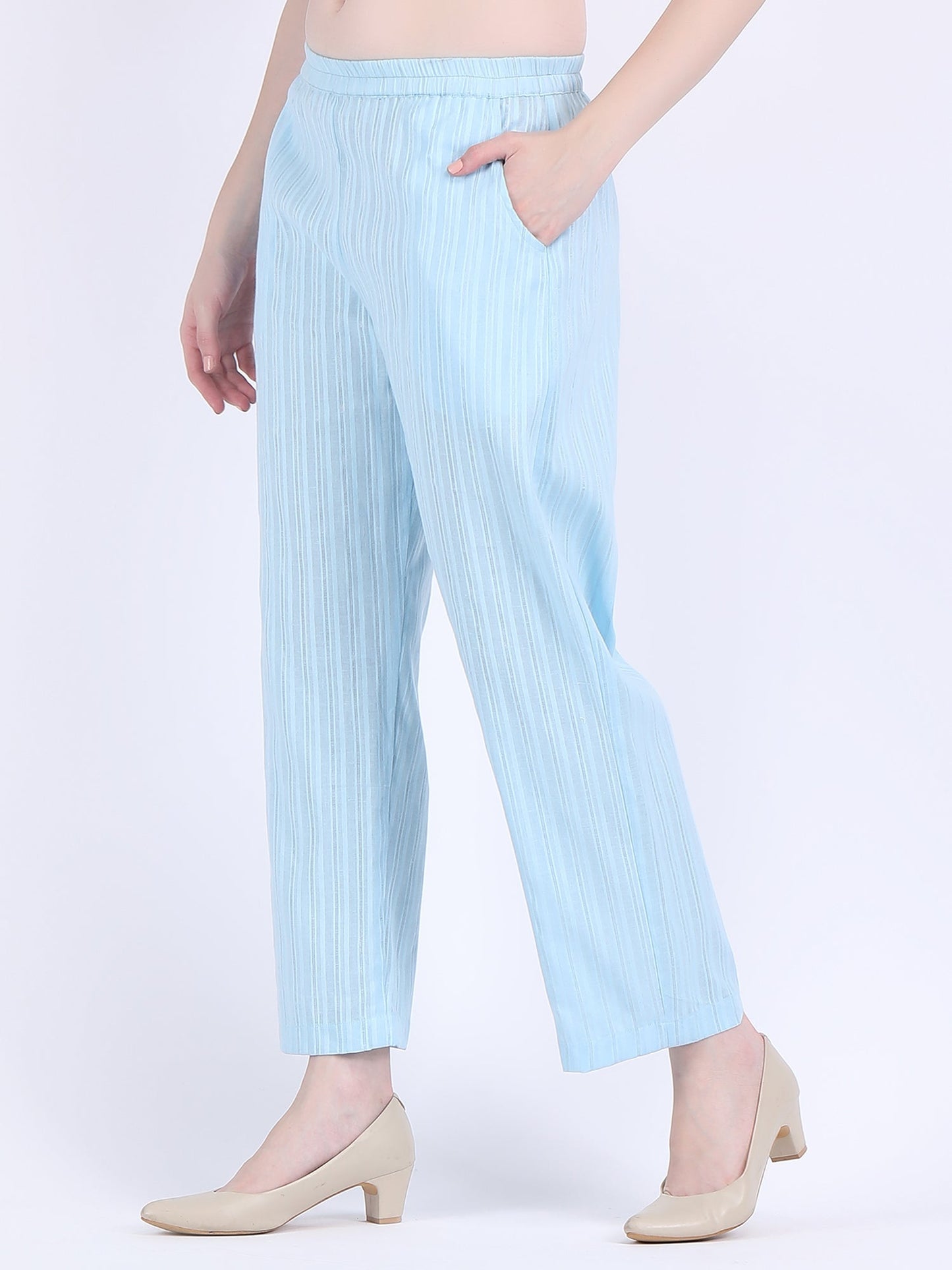 COTTON SELF STRIPED A LINE KURTA SET SILVER BLUE