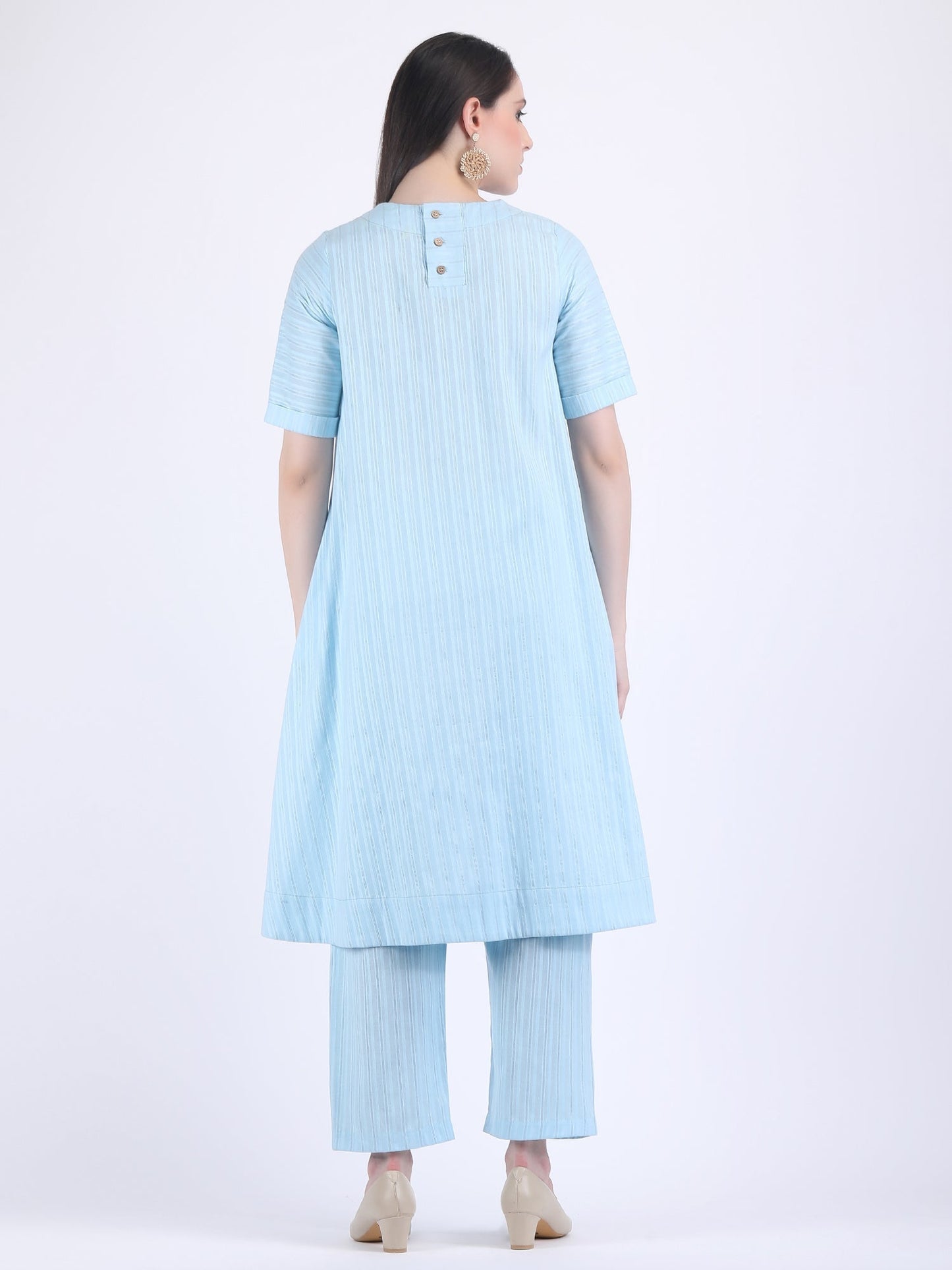 COTTON SELF STRIPED A LINE KURTA SET SILVER BLUE