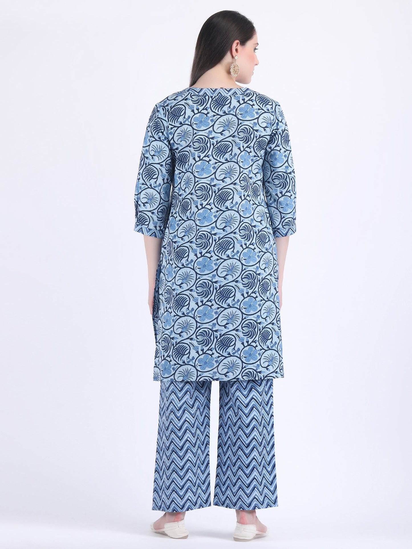 COTTON SANGANERI PRINT COMFORT WEAR SET IN INDIGO BLUE