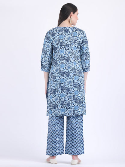 COTTON SANGANERI PRINT COMFORT WEAR SET IN INDIGO BLUE