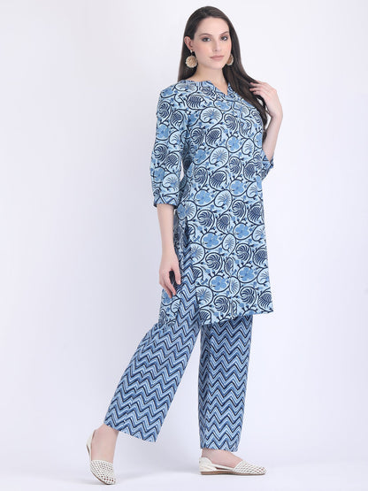 COTTON SANGANERI PRINT COMFORT WEAR SET IN INDIGO BLUE