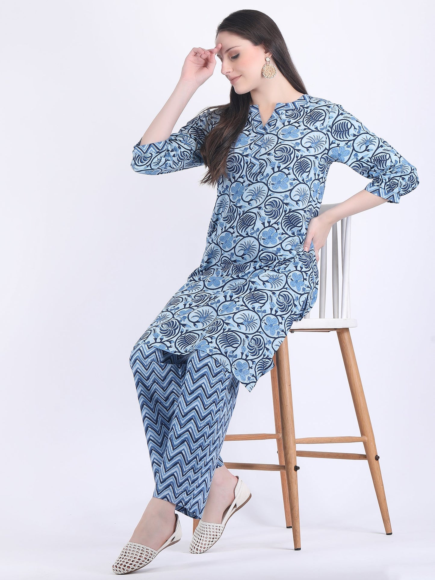 COTTON SANGANERI PRINT COMFORT WEAR SET IN INDIGO BLUE