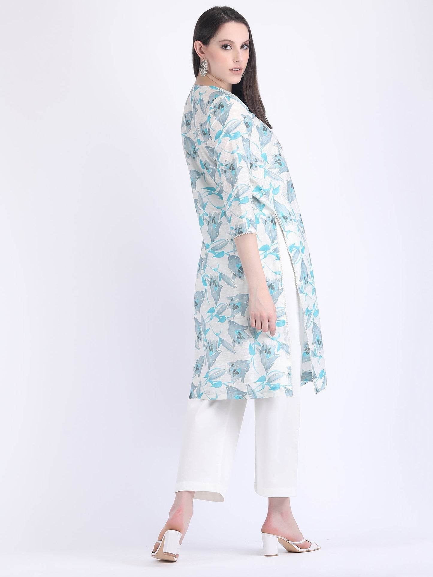 COTTON CHANDERI COMFORT WEAR KURTA SET WITH PEARL LACE TULIP BLUE