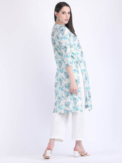 COTTON CHANDERI COMFORT WEAR KURTA SET WITH PEARL LACE TULIP BLUE