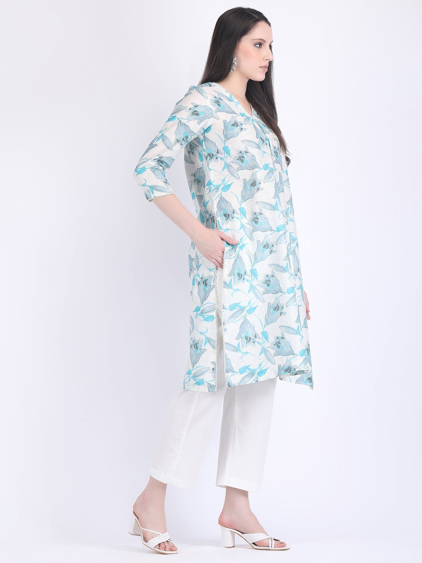 COTTON CHANDERI COMFORT WEAR KURTA SET WITH PEARL LACE TULIP BLUE