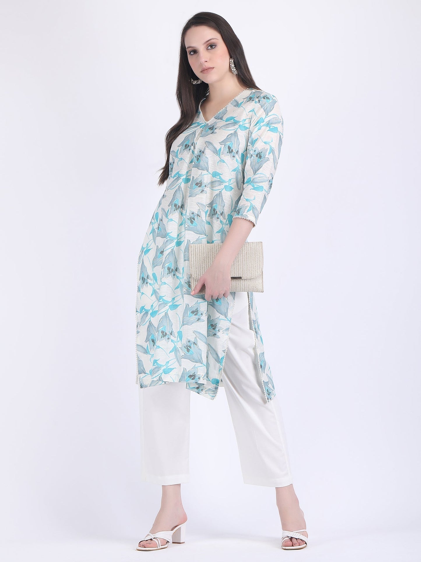 COTTON CHANDERI COMFORT WEAR KURTA SET WITH PEARL LACE TULIP BLUE