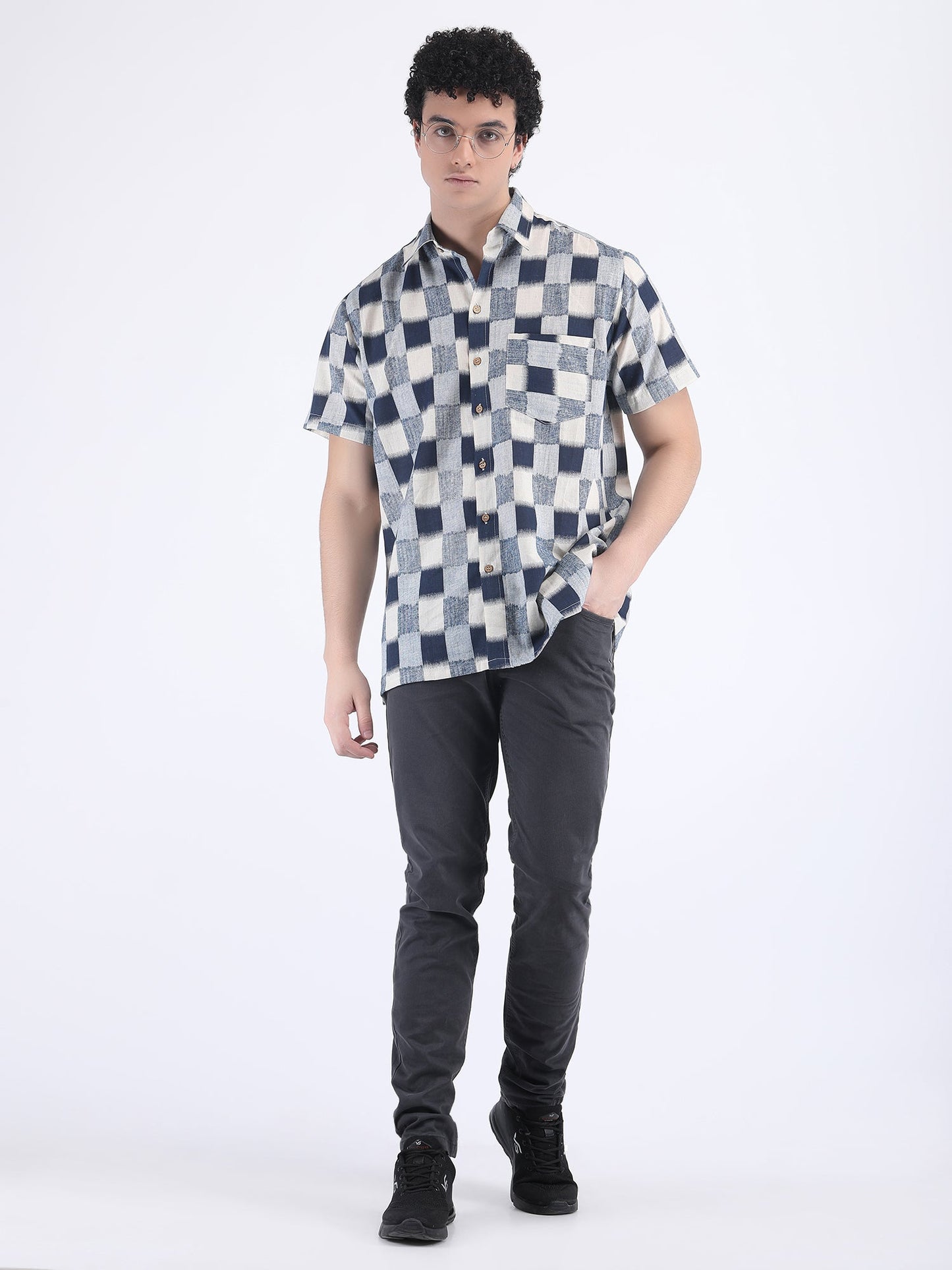 COTTON FLEX CHECK SUMMER SHIRT IN NAVY