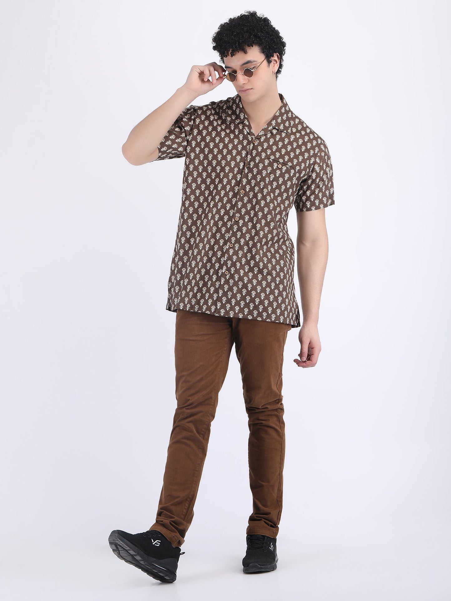 COTTON BLOCK PRINT SUMMER SHIRT IN TIRAMISU