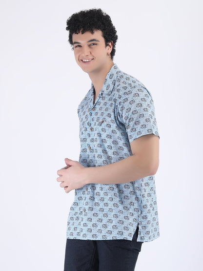 COTTON PRINT SUMMER SHIRT IN BLUE ELEPHANT