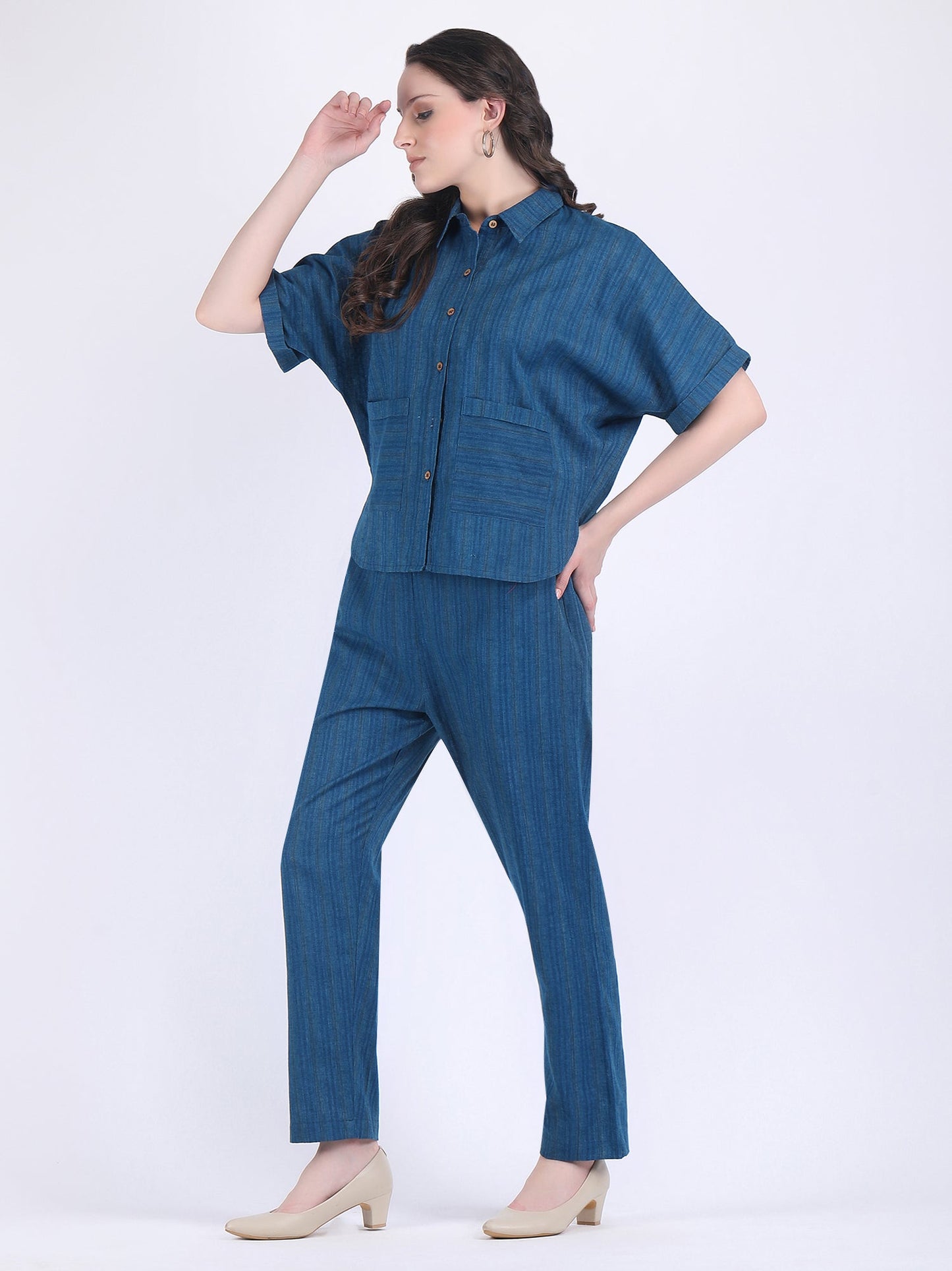 COTTON FLEX SELF STRIPED COORD SET NAVY