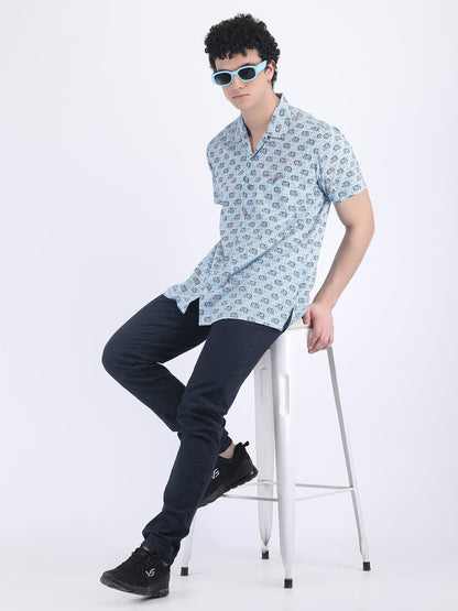 COTTON PRINT SUMMER SHIRT IN BLUE ELEPHANT