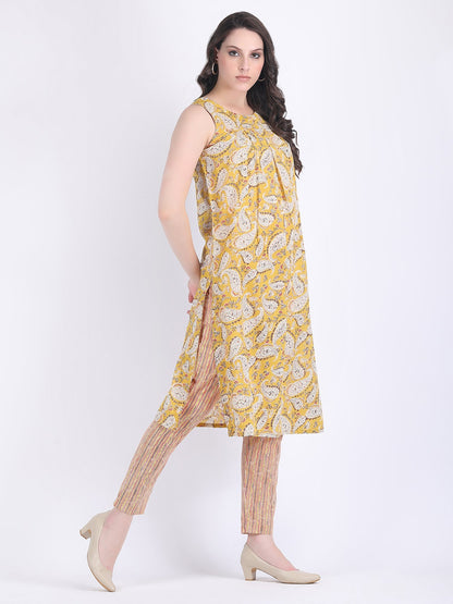 COTTON PAISLEY PRINT BOX PLEATS KURTA WITH PENCIL PANTS MUSTARD