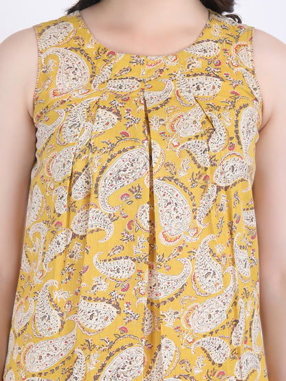 COTTON PAISLEY PRINT BOX PLEATS KURTA WITH PENCIL PANTS MUSTARD