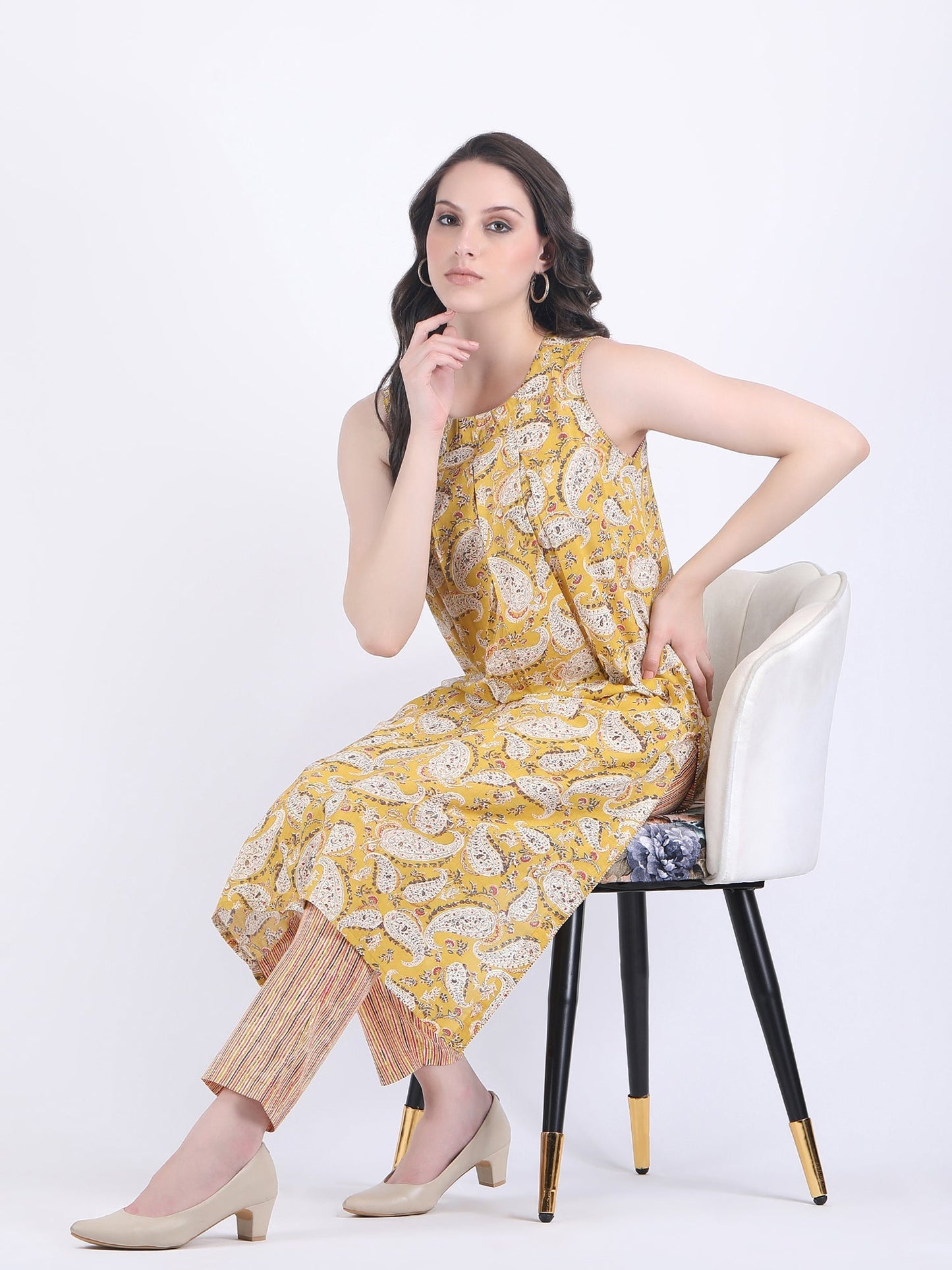 COTTON PAISLEY PRINT BOX PLEATS KURTA WITH PENCIL PANTS MUSTARD