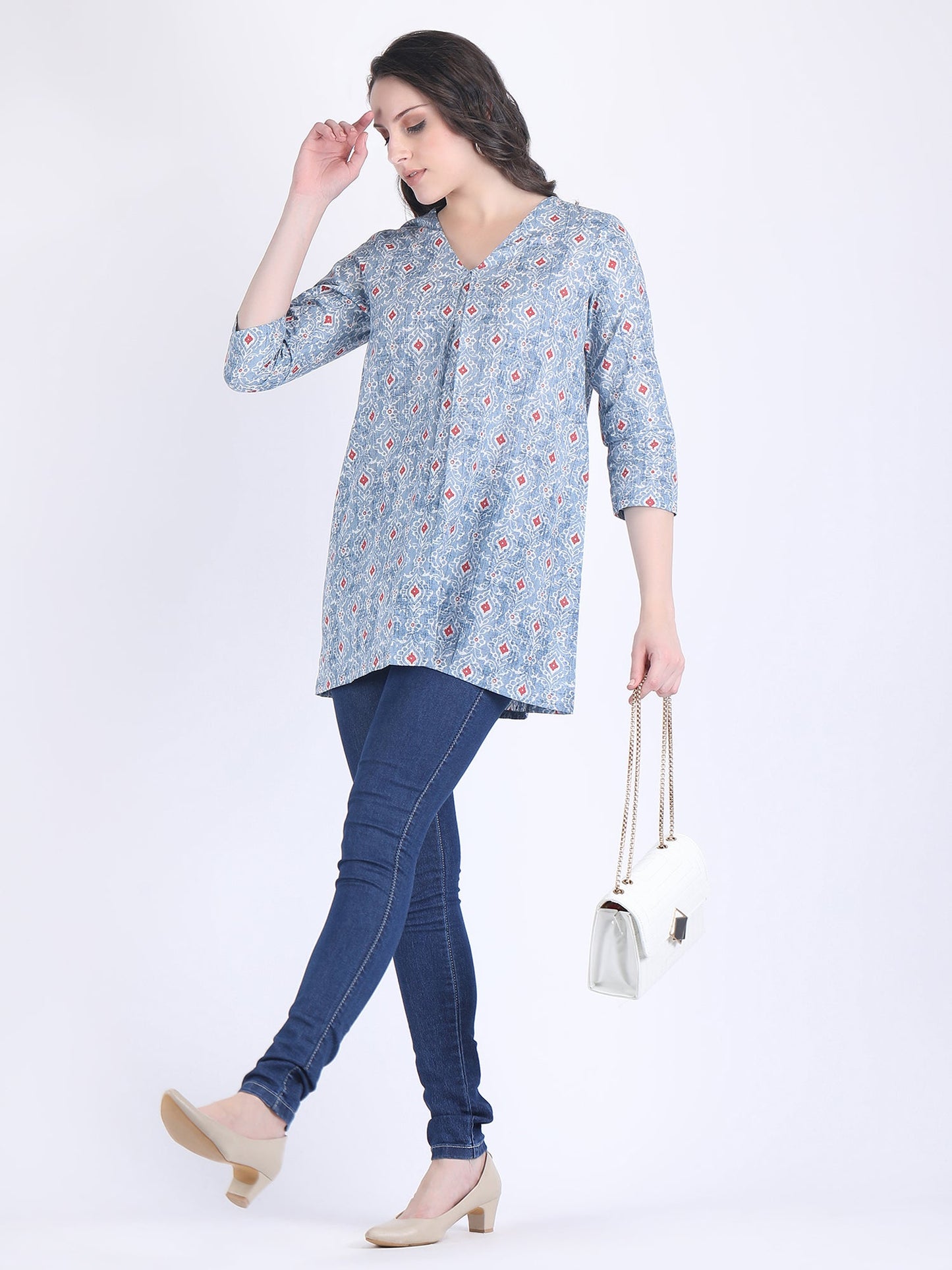 COTTON PRINT A LINE KURTI SKY BLUE