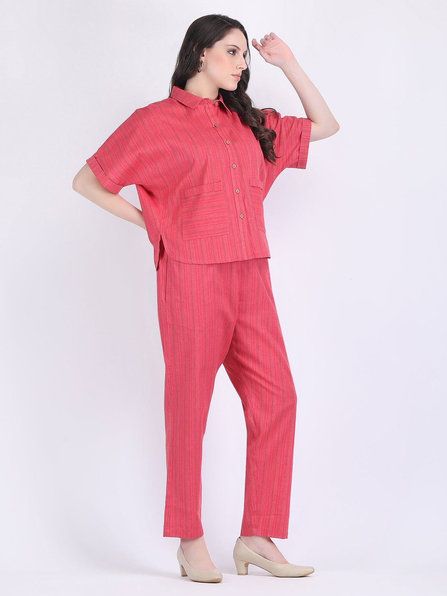 COTTON FLEX SELF STRIPED COORD SET RASPBERRY WINE