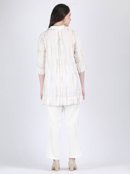 COTTON A LINE TUNIC CUM SHORT DRESS WITH WHITE AND GOLD PATTERN