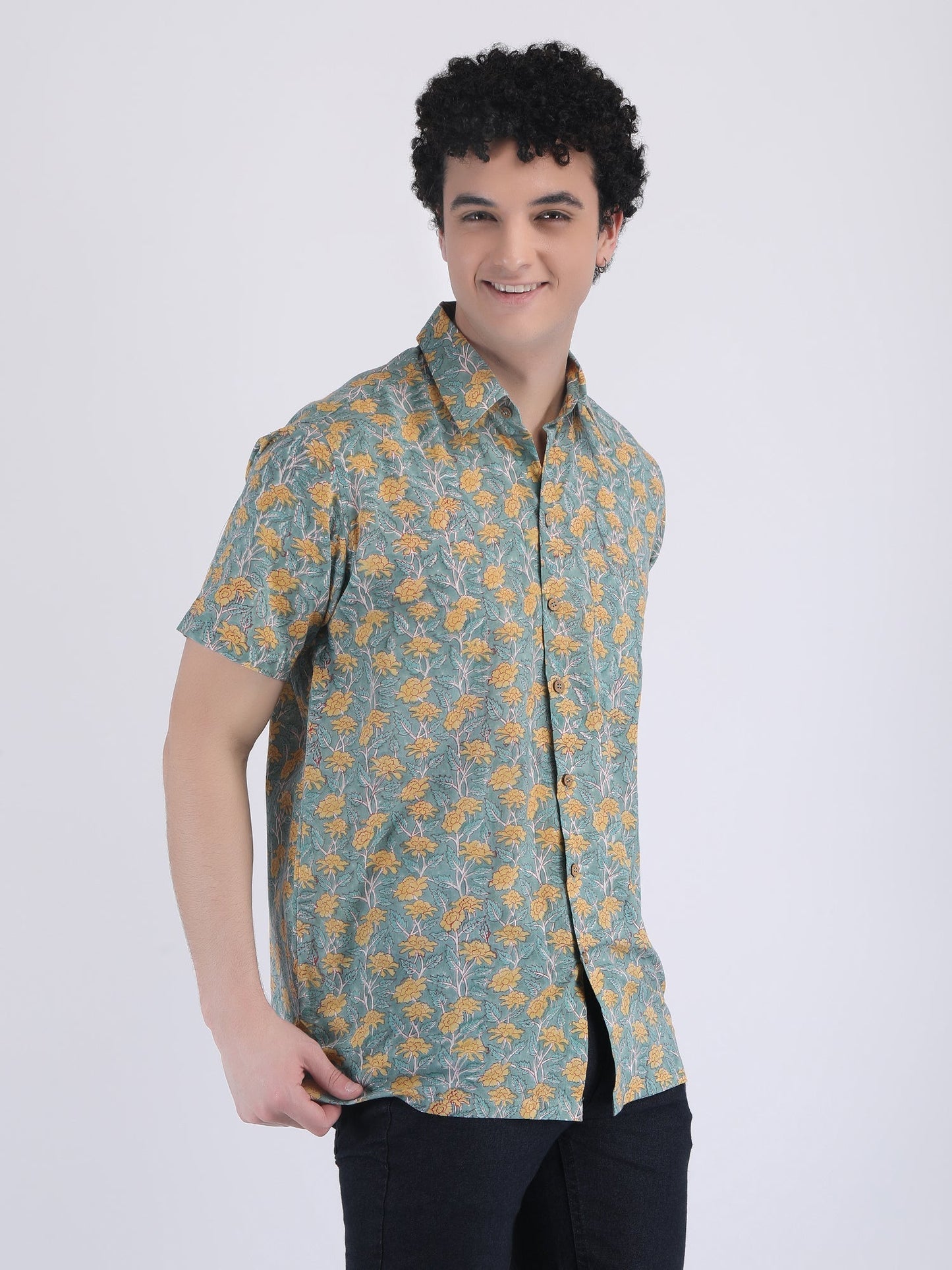 COTTON FLOWER PRINT SUMMER SHIRT IN GREEN YELLOW