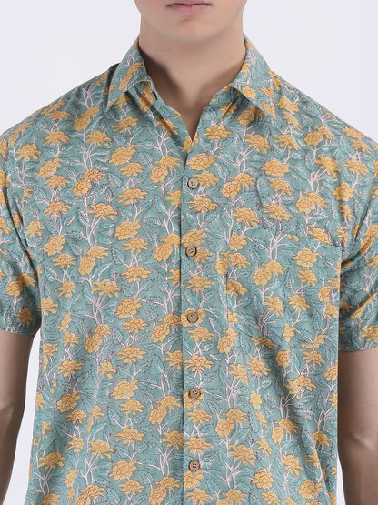 COTTON FLOWER PRINT SUMMER SHIRT IN GREEN YELLOW