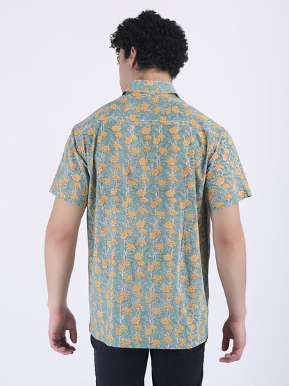 COTTON FLOWER PRINT SUMMER SHIRT IN GREEN YELLOW