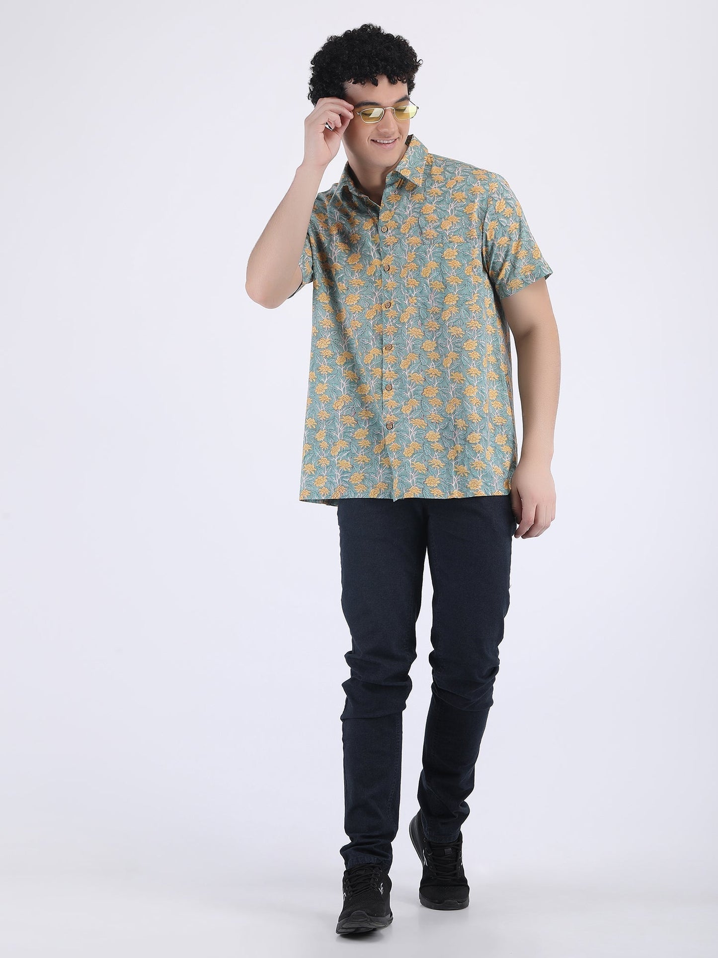 COTTON FLOWER PRINT SUMMER SHIRT IN GREEN YELLOW