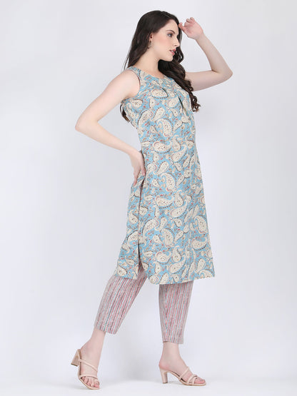 COTTON PAISLEY PRINT BOX PLEATS KURTA WITH PENCIL PANTS BLUE