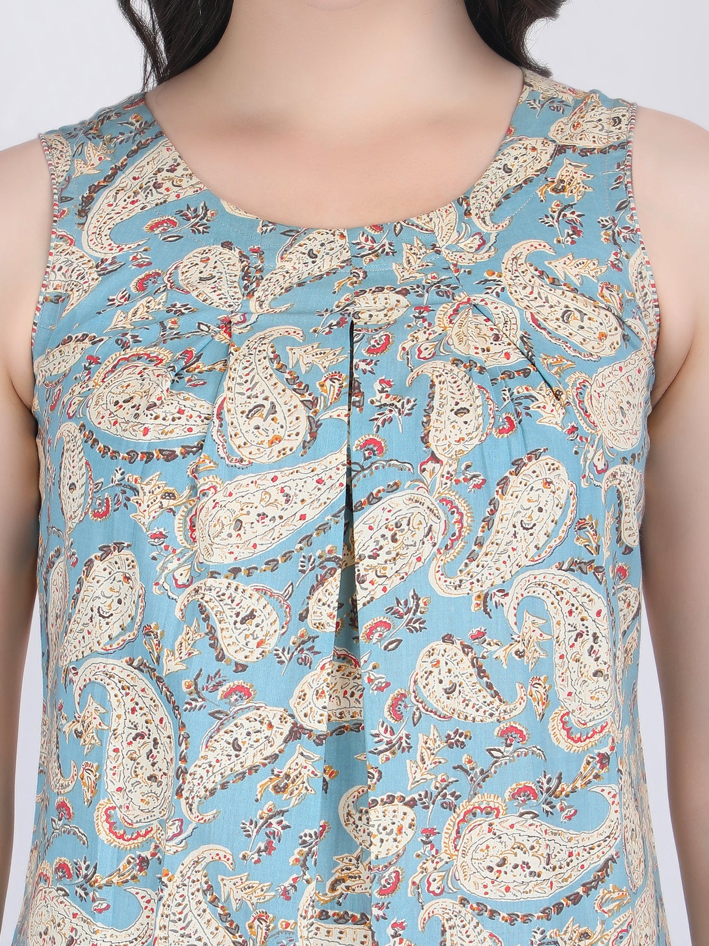 COTTON PAISLEY PRINT BOX PLEATS KURTA WITH PENCIL PANTS BLUE