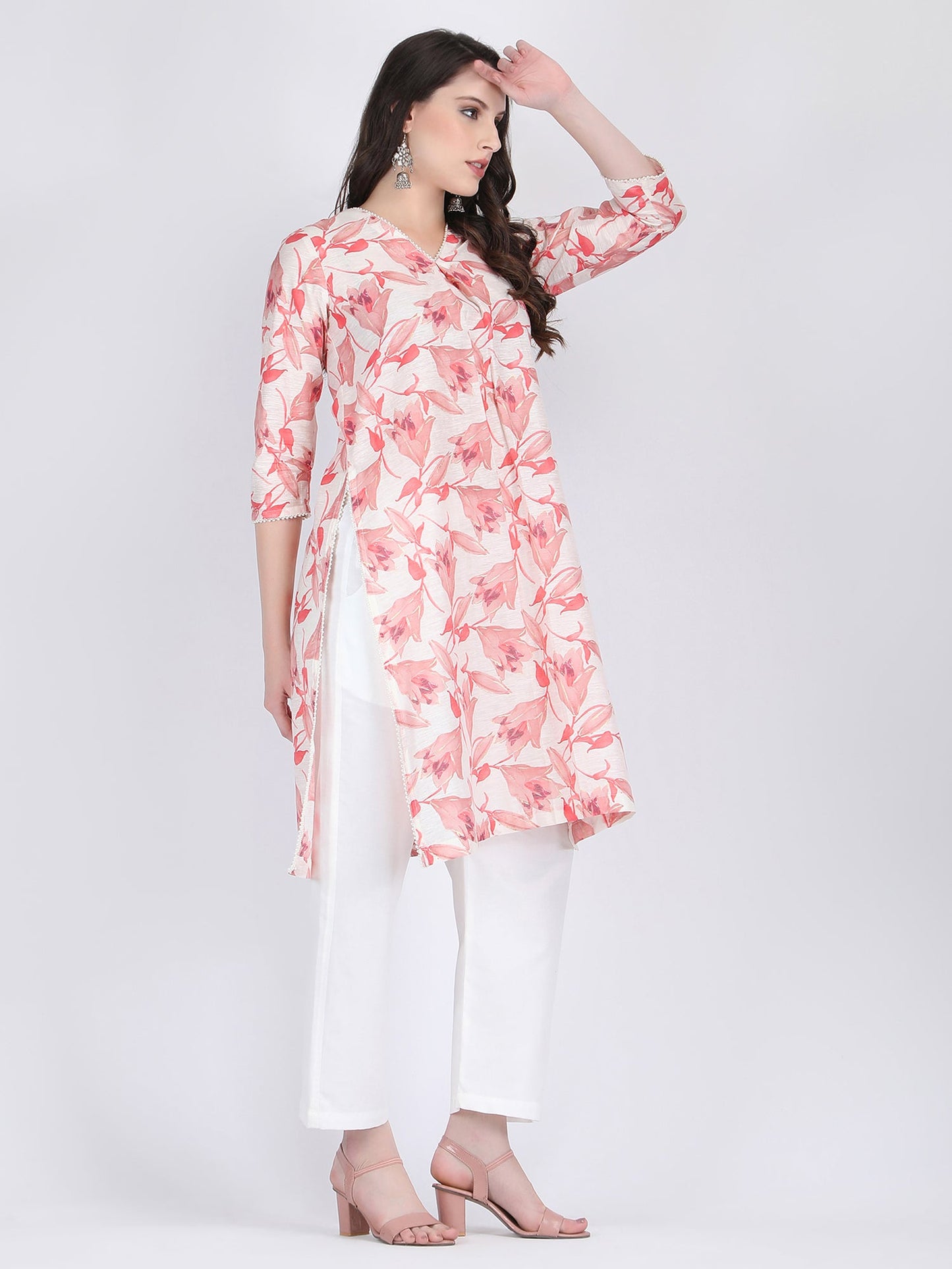 COTTON CHANDERI COMFORT WEAR KURTA SET WITH PEARL LACE TULIP PINK