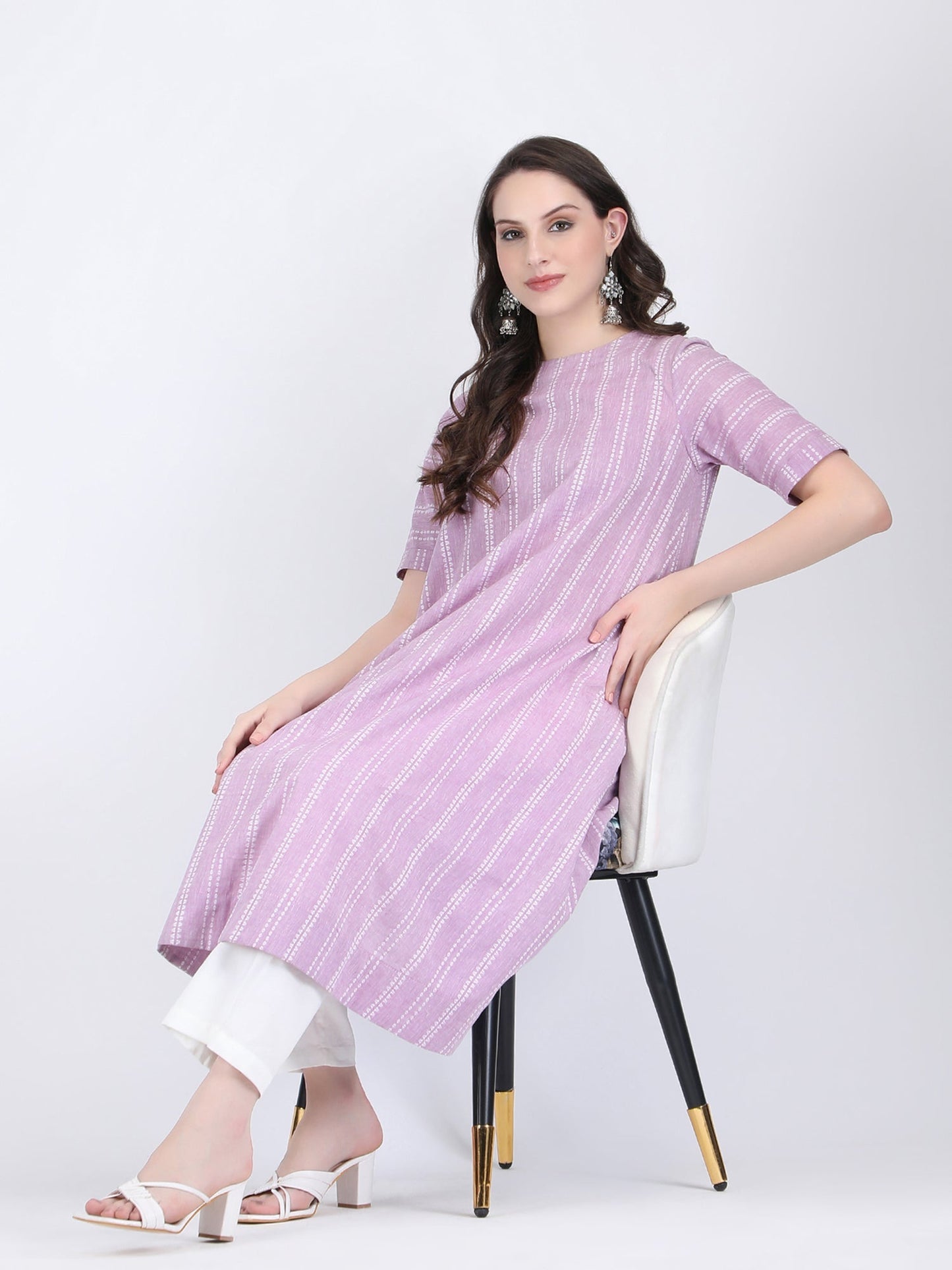 COTTON SELF STRIPED A LINE KURTA SET LILAC