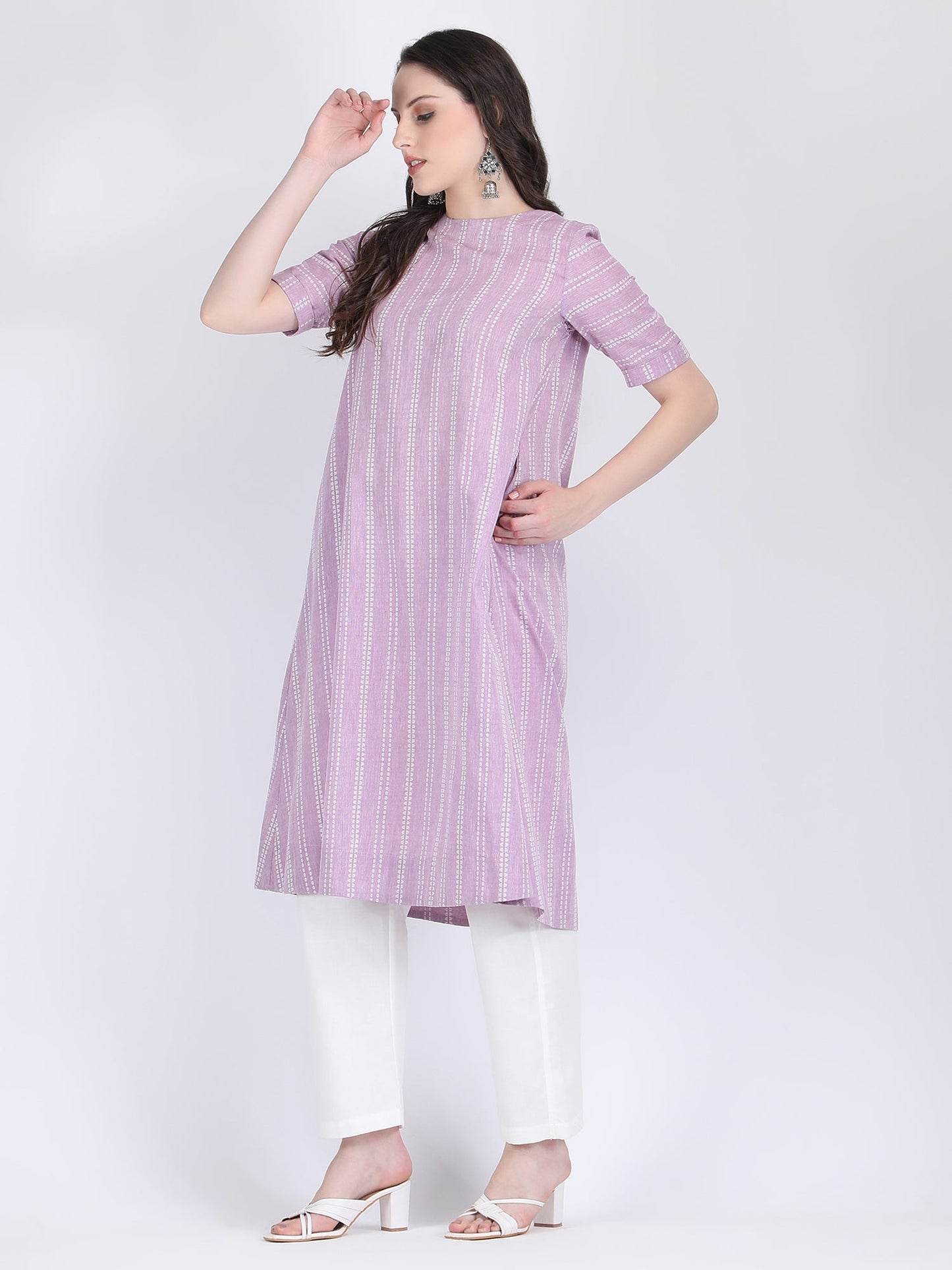 COTTON SELF STRIPED A LINE KURTA SET LILAC