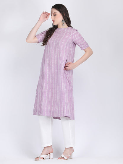 COTTON SELF STRIPED A LINE KURTA SET LILAC