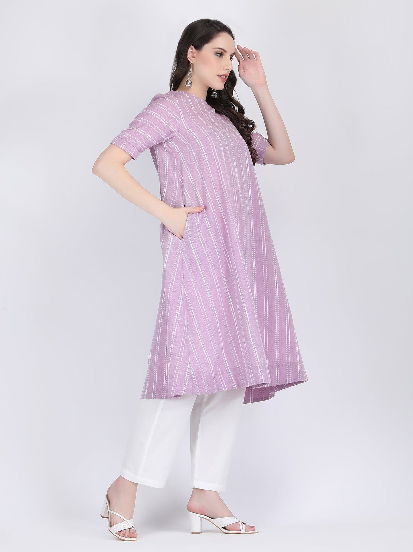 COTTON SELF STRIPED A LINE KURTA SET LILAC