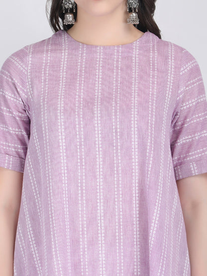 COTTON SELF STRIPED A LINE KURTA SET LILAC