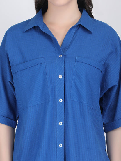 COTTON CHECK COLLARED CHEST POCKETS COORD SET DIVA BLUE