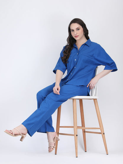 COTTON CHECK COLLARED CHEST POCKETS COORD SET DIVA BLUE