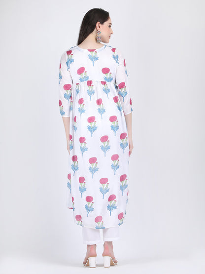 MUSLIN VISCOSE FLARED LONG SHIRT IN WHITE WITH PINK FLORAL MOTIFS