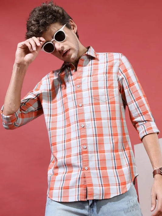 Suburbans Men Orange Checked Slim Fit Casual Shirts