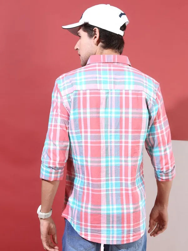 Suburbans Men Pink Checked Slim Fit Casual Shirt