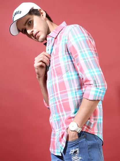 Suburbans Men Pink Checked Slim Fit Casual Shirt