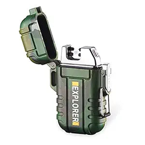 Explorer Waterproof and Windproof Flameless Double ARC Rechargeable Lighter | Allow Resin Made, Military Green, Pocket Size